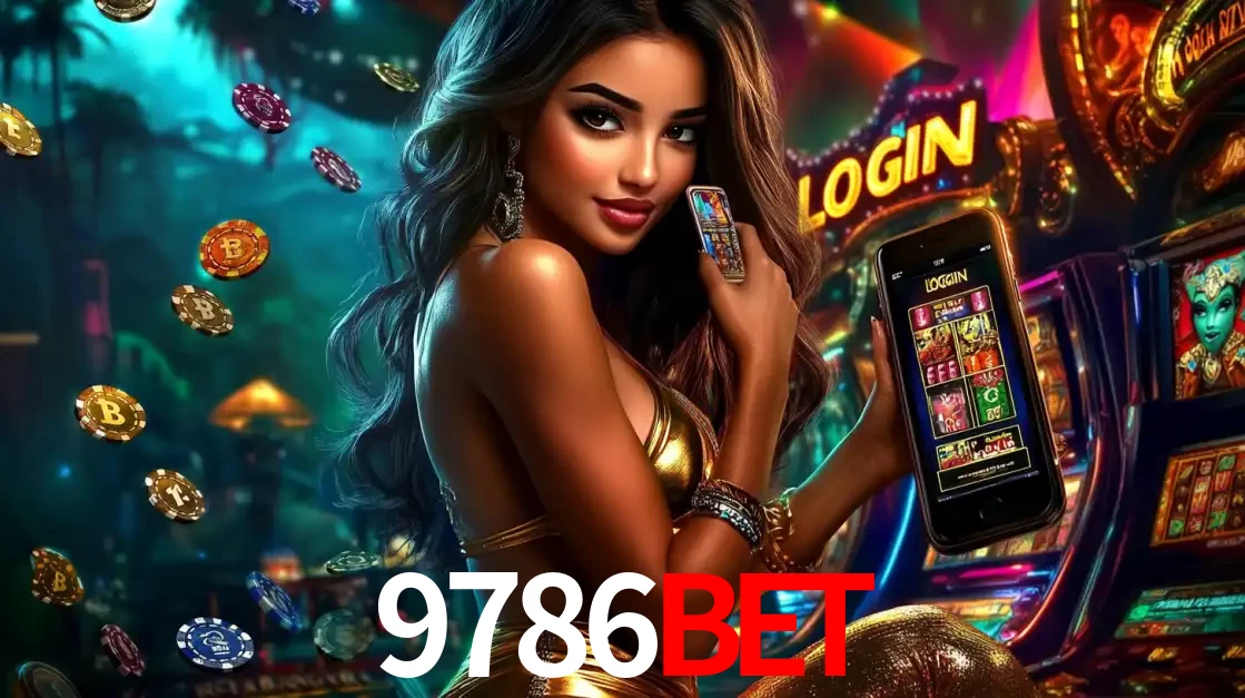Mulher em um cenário de cassino temático de aventura, mostrando o app de caça-níqueis da 9786bet no celular. Fichas de apostas flutuam ao redor.