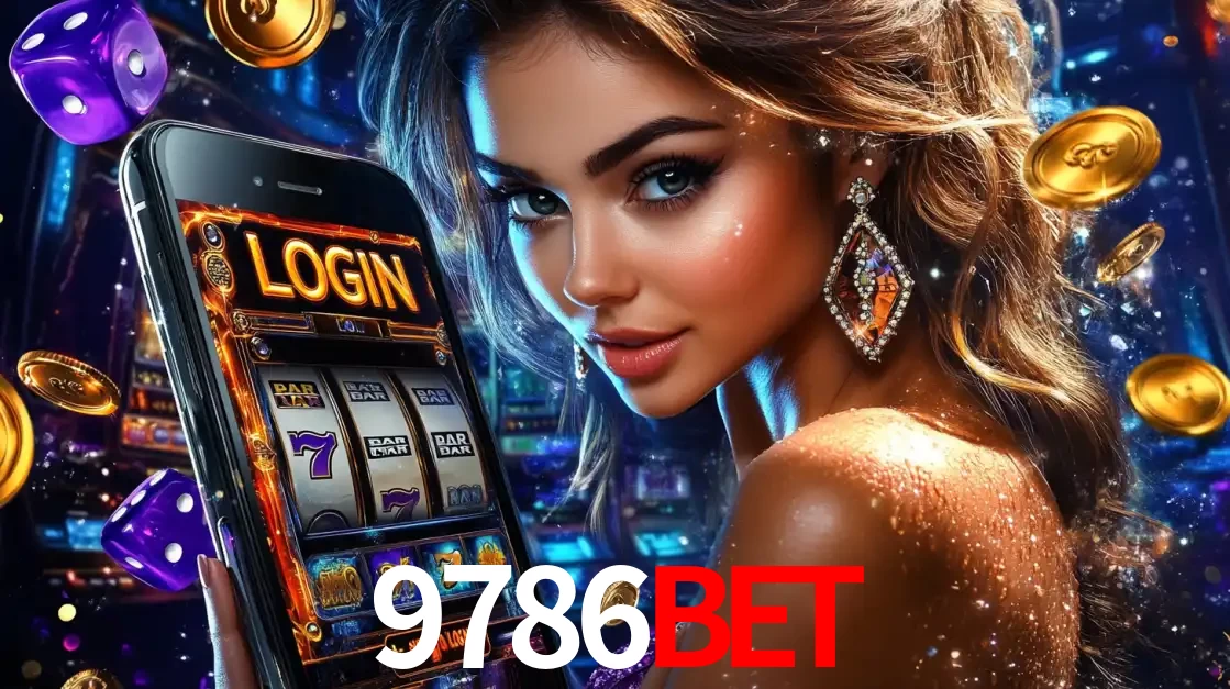 Mulher glamorosa segurando um smartphone com a tela de login para os jogos de caça-níqueis do cassino online 9786bet, com moedas de ouro e dados ao redor.