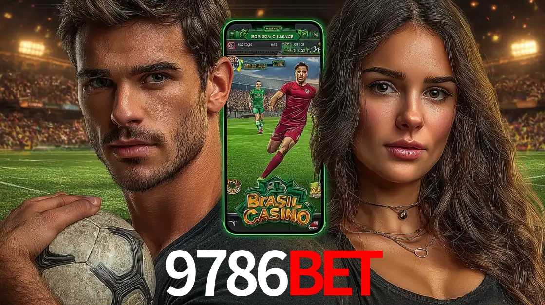 Homem segurando uma bola de futebol e uma mulher ao lado de um smartphone exibindo o jogo de apostas esportivas da 9786bet. Faça seu palpite no cassino online.